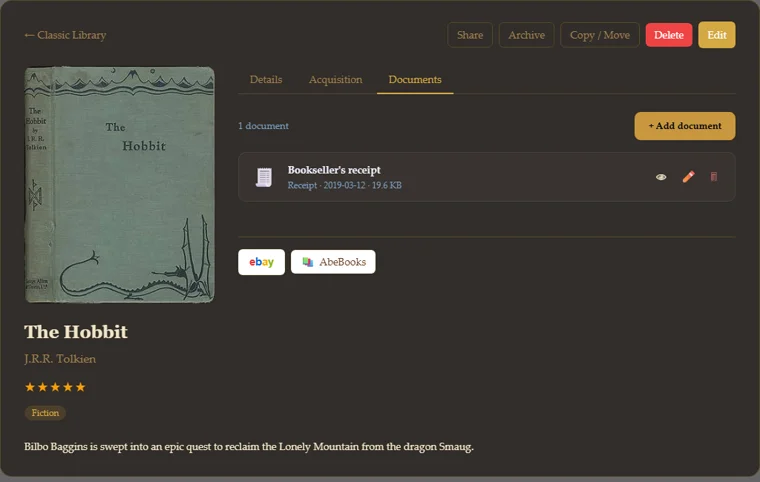 An item's Documents tab with an uploaded receipt, and eBay/AbeBooks marketplace search buttons below it