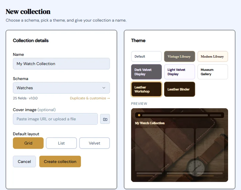 The New Collection screen, with a schema chosen, a theme selected, and a live preview