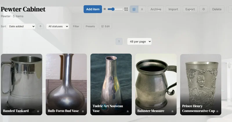 A custom Pewter collection type, browsed in the Museum Gallery theme