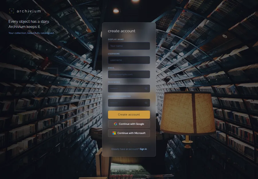 The Archivium account creation page