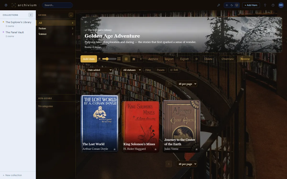 Opening a Room, showing a breadcrumb back to the collection and the same themed Bookshelf browse view any collection uses