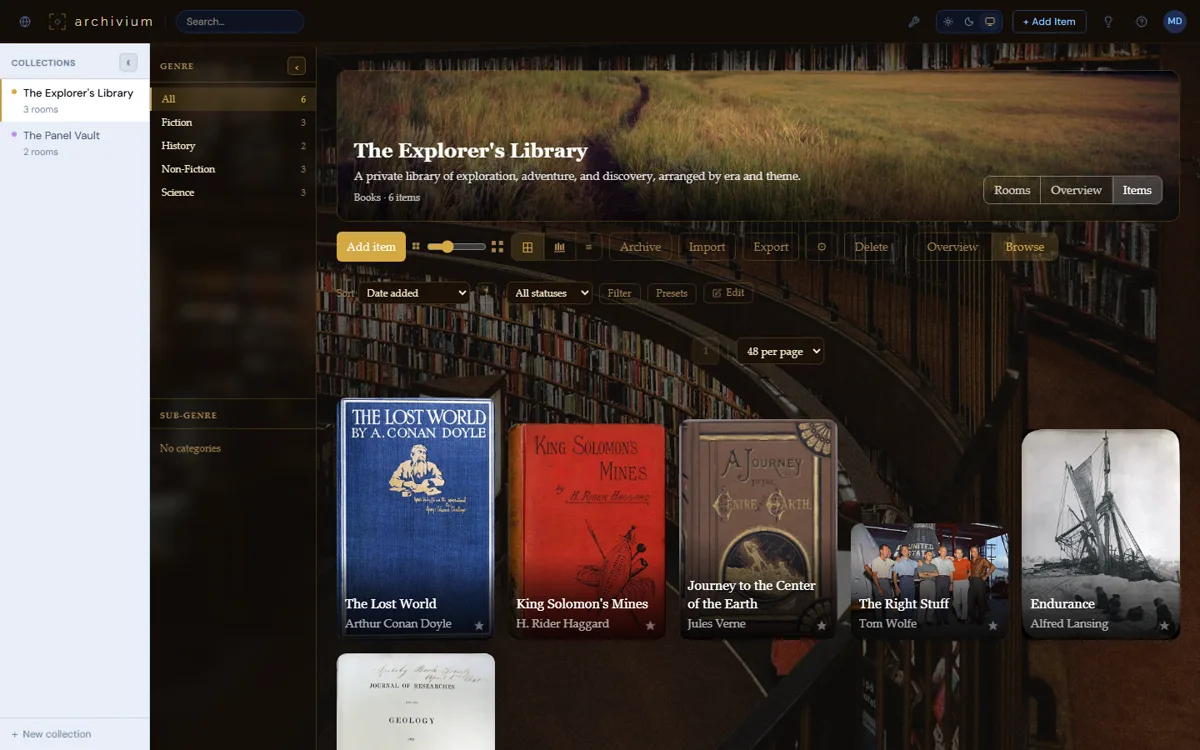 The flattened Items view showing every item from every Room merged into one searchable, sortable list