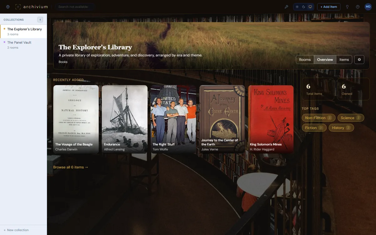 The Overview tab showing stats, recently added items, and top tags aggregated across every Room in the collection