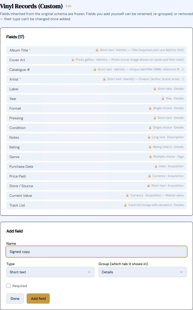 The My Schemas field editor, showing a Vinyl Records schema's field list and the Add field form
