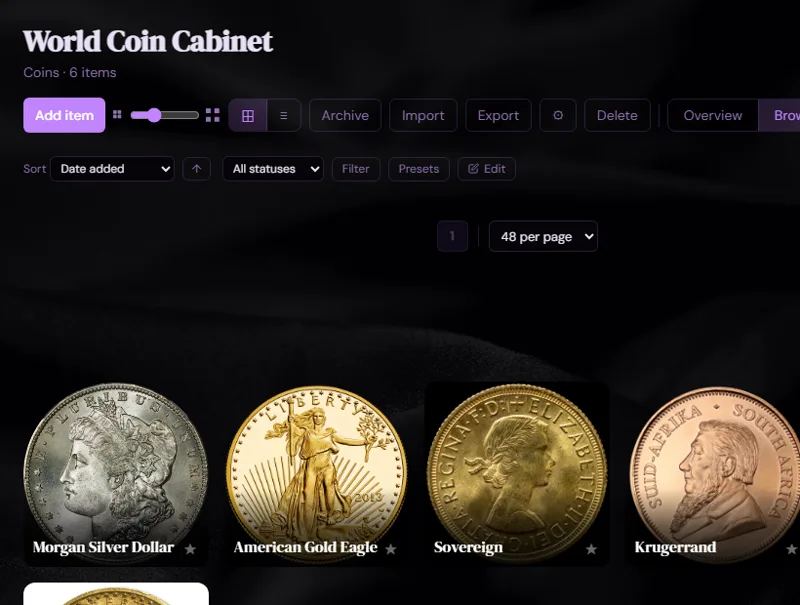 A coin collection browsed in the Dark Velvet Display theme
