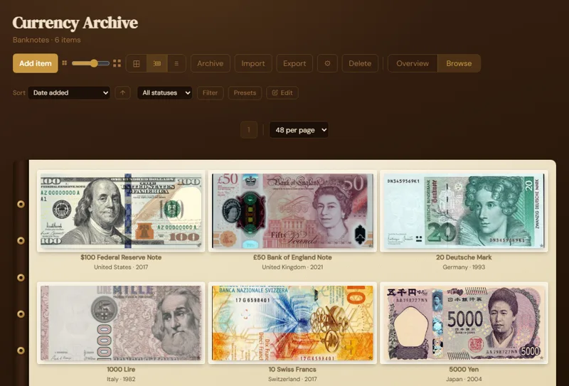 A banknote collection browsed in the Leather Binder theme