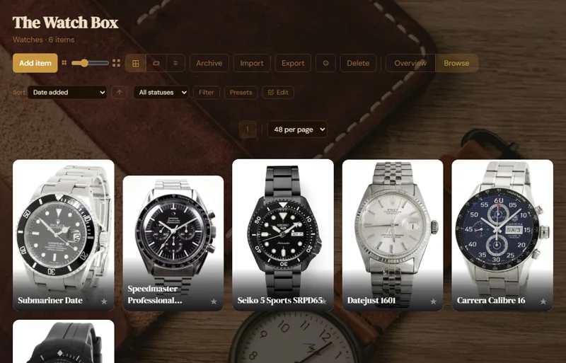 A watch collection browsed in the Leather Workshop theme