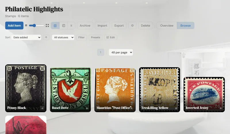 A stamp collection browsed in the Museum Gallery theme