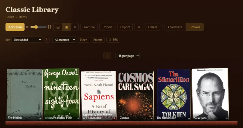 A book collection browsed in the Vintage Library theme