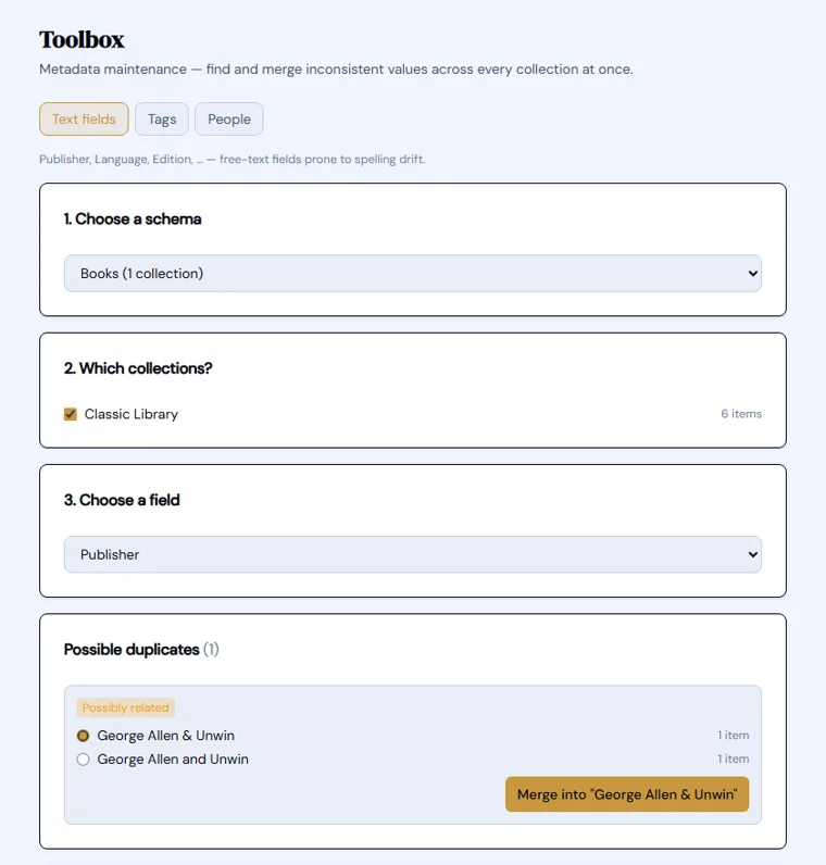 The Toolbox finding a possible duplicate publisher name and offering to merge it