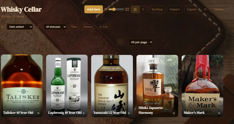 A custom Whisky collection type, browsed like any built-in collection, in the Leather Workshop theme