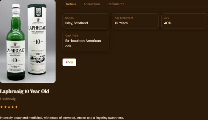 A single item in the custom Whisky type, showing its own custom fields: Region, Age Statement, ABV, Cask Type